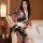 A woman poses elegantly in a yefeiyi japanese kimono lingerie set, featuring a floral pattern and satin ribbon accents, perfe...