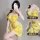 Yellow floral lace bodysuit set featuring deep v neckline and design, perfect for evening wear.