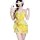 A woman poses with a phone, wearing a yellow floral lace bodysuit set. the outfit features a plunging neckline and a tied wai...