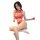 Woman wearing yeqingge red lace bodysuit set with sheer mesh crop top and high-waisted briefs, elegant floral jacquard design...
