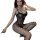 Woman wearing yeqingge sheer lace bodysuit with bow straps and open-crotch fishnet stockings, posing seductively.