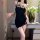 Elegant black lace floral bodycon slip dress, perfect evening attire for women.