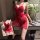 Woman modeling red yeyu lace babydoll nightgown, a sexy sheer strap dress with ties. elegant lingerie set for women.