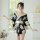 A woman models a yeyu sexy lingerie set featuring a deep v tie-waist corset paired with a floral chiffon kimono costume, perf...