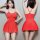 Woman modeling red yiguqing sexy lace sheer nightgown with thong, plus size intimate lingerie, front and back views.
