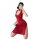 A woman poses in a red yilanfang new bride cheongsam lingerie dress featuring a deep v neck and halter design, perfect for ro...