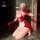 Woman kneeling in red lace bodysuit with white apron, holding phone; yisiyesi purple lace bodysuit set — cute & seductive mai...
