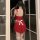 Sexy red chef-themed lingerie set with bow detail, perfect holiday sleepwear and roleplay costume.