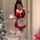 A woman poses with a cup, wearing a festive red chefs outfit from yiyue, perfect for holiday-themed roleplay or sleepwear.