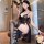 Elegant black lace lingerie dress with high slit, perfect for nightclub outfits or easy-off sleepwear.