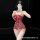 Woman in red lace lingerie set with bow detail, push-up design, and open crotch for small busts.