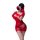 Woman in red yuedie rose temptation lace qipao lingerie, holding phone to face, with rose hair accessory and white stockings.