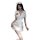 Woman modeling yuedie sexy nurse costume set with deep v white dress, red cross emblem, matching hat and lace thigh-highs.