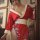 A woman models the yufei japanese-style lingerie robe set, featuring a vibrant red kimono-inspired design with floral pattern...