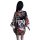 Front view of a black floral-patterned japanese-style robe with a large bow at the back, featuring vibrant red and white flow...