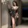 Woman modeling feimou french romantic lace leopard sheer dress, sexy backless flirty lingerie zy37.