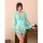 A woman wears a teal japanese kimono-style lingerie set, featuring sheer lace with floral patterns and a satin belt, perfect ...
