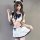 Seductive schoolgirl lingerie set featuring a charming maid outfit with ruffled top, voluminous skirt, and playful cat ears, ...
