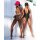 Two women posing confidently in stylish swimsuits; one wears a camouflage-patterned one-piece with cap, while the other sport...