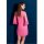 A woman wears a vibrant pink transparent lace robe with ruffled sleeves, exuding elegance and style.