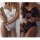 Two women wearing lace bodysuits; one white with sheer fabric, the other black with intricate patterns. both feature backless...