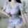 Womens sexy maid costume set - ultra-short skirt lingerie outfit, no-remove bedroom seduction ensemble featuring blue and whi...