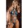 Blonde woman wearing a shiny blue lace-up cut-out one-piece bodysuit set, perfect for a night out.